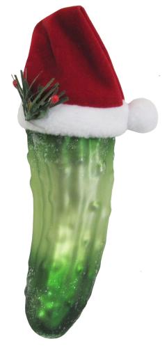 Grn 14cm Weihnachtsgurke mit Stoffhut Glasornament mundgeblasen und handekoriert