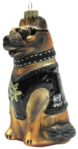 Schwarz/Braun 11cm Deutscher Schferhund als Polizist Glasornament, mundgeblasen und handekoriert