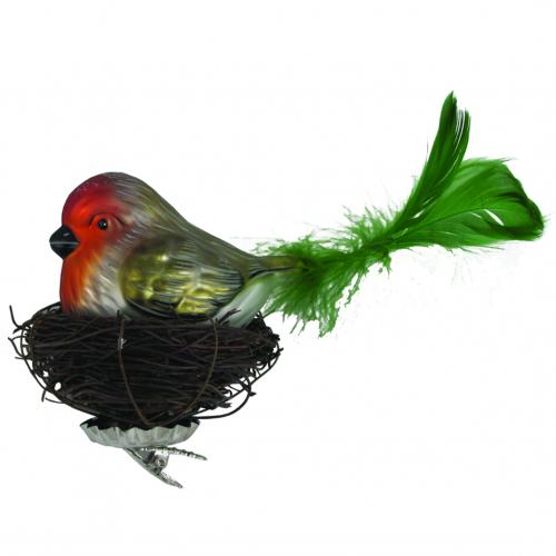 Vogel grn 20cm mit 7cm Federschwanz im Nest aus Zweigen Glasornament, mundgeblasen und handekoriert