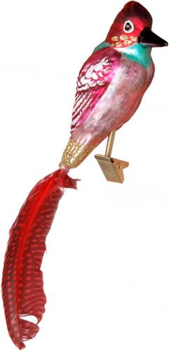 Rot 15cm Eisvogel aus Glas auf Clip mit roter 7cm Schwanz-Feder mundgeblasen und handdekoriert