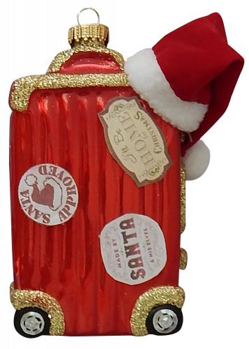 Santas Reisekoffer 11cm mit Stoffmtze, Glasornament, mundgeblasen und handekoriert
