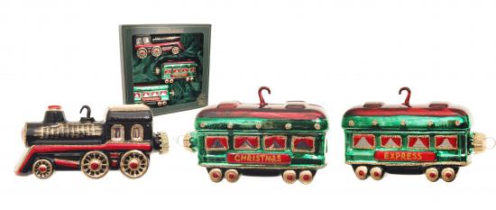 Xmas Nachtzug, 3-teilig, 1 Lokomotive, 2 Weihnachtsexpress Wagons, schwarz/grn/rot je 15cm
