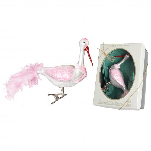 Rosa / Wei 12cm Storch aus mundgeblasenem Glas mit rosa Schleife auf Clip, handdekoriert mit 6cm echtem Federschwanz (1)
