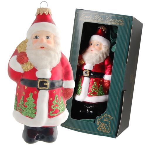 Rot/Wei 14cm Santa mit Bumen, Glasornament, mundgeblasen, handbemalt