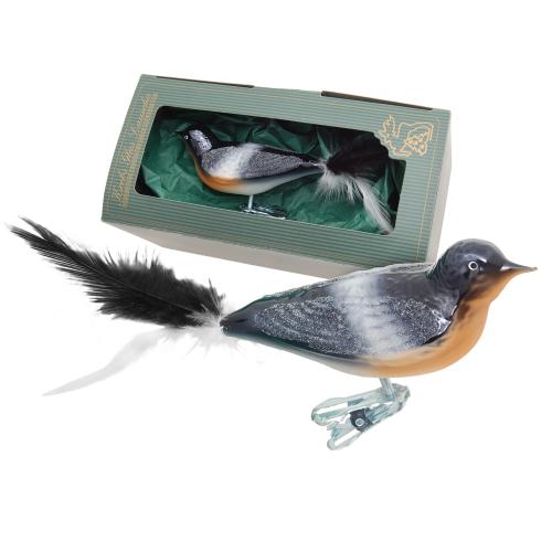 Natrlich dekorierter 10cm Glasvogel - Dompfaff - auf Clip mit 6cm Federschwanz mundgeblasen und aufwendig handdekoriert