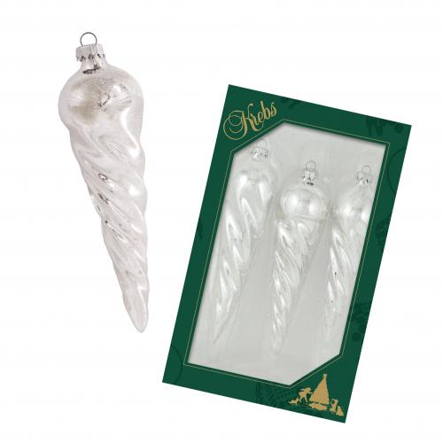 Silber glänzende 15cm Eiszapfen aus Glas mundgeblasen, verdreht mit weißem Glitter, handdekoriert