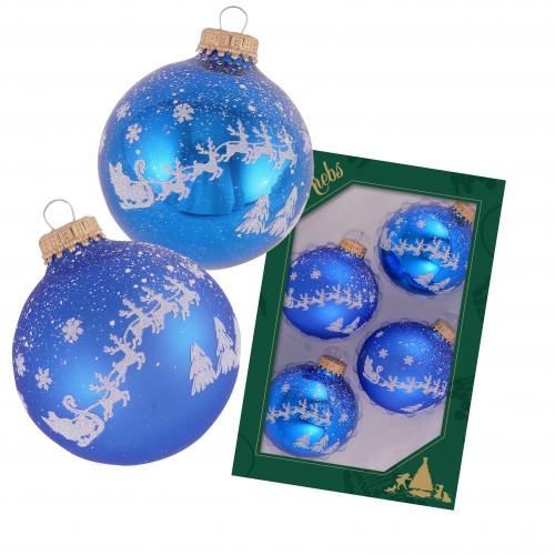 Klassische blau glänzend / matte 7cm Glaskugel mit weißem Druck Santa mit seinen Rentieren