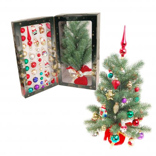 Mini Weihnachtsbaum (45cm) mit Minikugeln: 8 Unikugeln (2cm), 6 bemalte Kugeln (3cm), 8 Figuren/8 Unikugeln/8 Glasornamente (3cm), rot glänzende Spitze (12cm) im Karton (50 Teile, inkl. Kugelaufhänger, Metall)