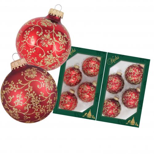 Weihnachtsrot glanz/Satin-Rot 7cm Glaskugelset handdekoriert mit Glitterranken 2-fach