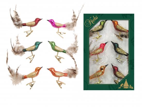 Multicolor 9cm Minivögel aus Glas auf Clip mundgeblasen, handekoriert mit Federschwanz