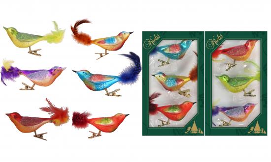 Bunt sortierte 11cm Fantasie-Glasvögel auf Clip 2-fach, mundgeblasen, handbemalt mit 5cm Federschwanz