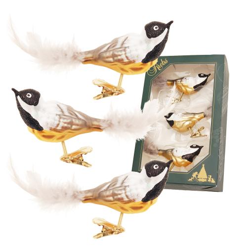 Mehrfarbige Glasvögel (Meise) auf Clip 11cm mundgeblasen und handdekoriert mit 5cm Federschwanz