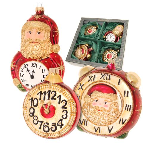 Burgund/Gold 7-15cm Sortiment Santa und Uhren, Glasornamente, mundgeblasen und handdekoriert