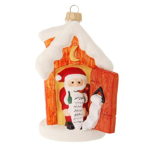 Multicolor 11cm Santa im Klohäuschen, Glasornament, mundgeblasen, handdekorier