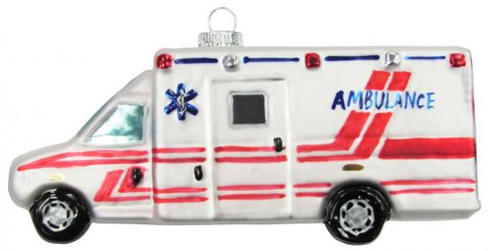 Weiß/Rot 14cm Krankenwagen Glasornament, mundgeblasen und handekoriert