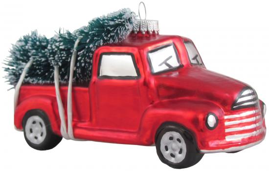 Historischer Pickup 8cm mit Weihnachtsbaum, Glasornament, mundgeblasen und handekoriert