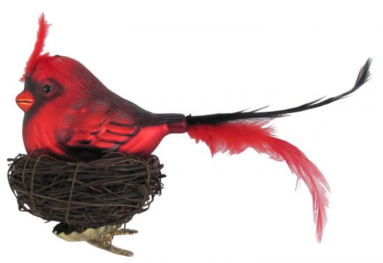 Vogel rot 20cm mit 7cm Federschwanz im Nest aus Zweigen Glasornament, mundgeblasen und handekoriert