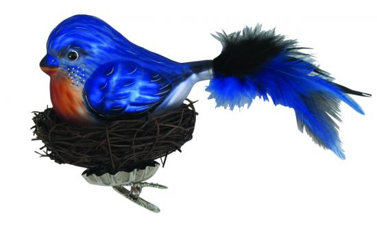 Vogel blau 20cm mit 7cm Federschwanz im Nest aus Zweigen Glasornament, mundgeblasen und handekoriert