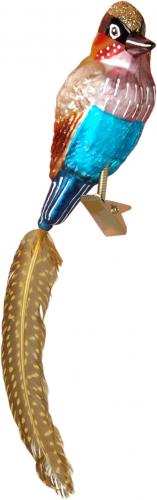 Blau/Gelb 15cm Eisvogel aus Glas auf Clip mit gelber 7cm Schwanz-Feder mundgeblasen und handdekoriert