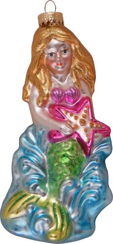 Meerjungfrau mit Seestern 14cm, Glasornament, mundgeblasen, handdekoriert (1)
