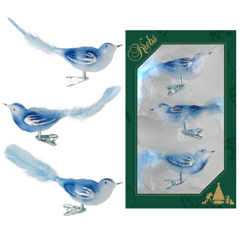 Hellblau/Weiß transparent 11cm Glasvögel auf Clip mit 6cm Federschwanz mundgeblasen und handdekoriert, 3-fach sortiert