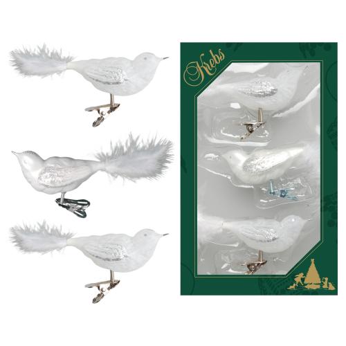 Eislack weiß 11cm Glasvögel auf Clip mit 6cm Federschwanz mundgeblasen und handdekoriert, 3-fach sortiert