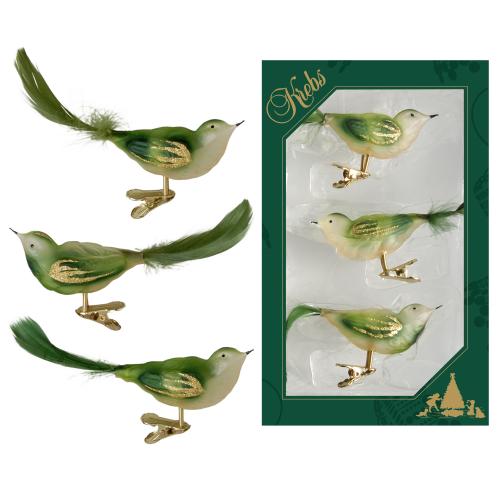 Grün/gold transparent 11cm Glasvögel auf Clip mit 6cm Federschwanz mundgeblasen und handdekoriert, 3-fach sortiert