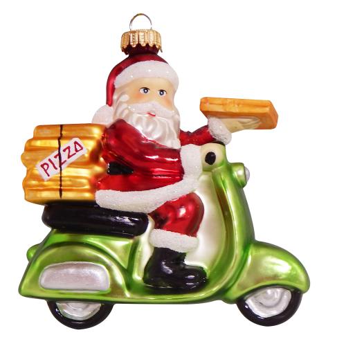 Pizza-Weihnachtsmann auf Vespa-Motorroller 10cm, Glasornament, mundgeblasen und handekoriert