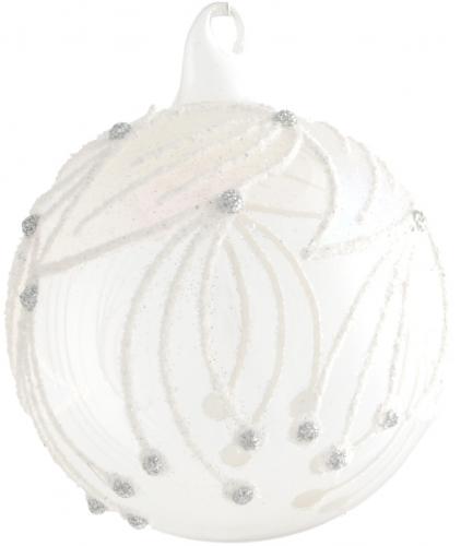 Kristallklare 8cm Glaskugel mit Glasöse, weiß / iris Glitterdekor, mundgeblasen, handdekoriert (1 Stück)