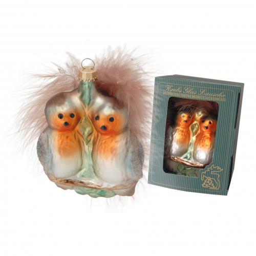 Braun/Silber dekoriertes 7cm Vogelpaar - Rotkehlchen - aus Glas auf Clip im Federnest, mundgeblasen und handdekoriert (1)