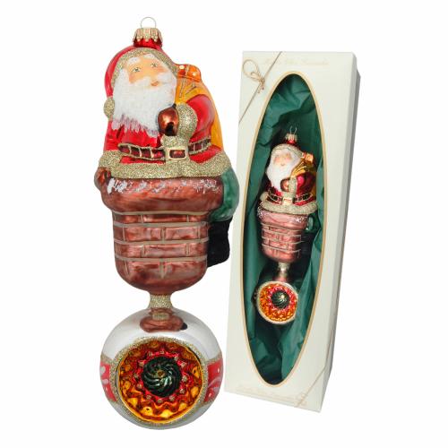 Multicolor 20cm Doppelform Weihnachtsmann auf Kamin mit Reflexkugel, Glasornament, mundgeblasen und handdekoriert