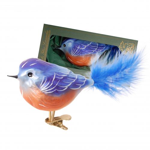Multicolor 14cm Glasvogel Blaukehlchen auf Clip mit 5cm Federschwanz mundgeblasen und handbemalt