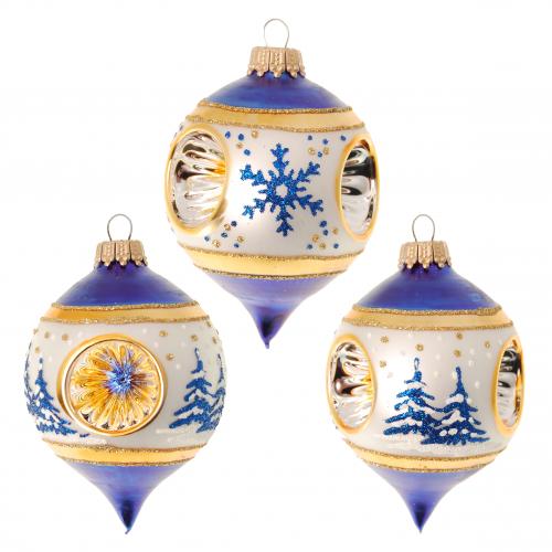 Blau/Silber/Gold glanz 6cm Zwiebel aus Glas mit Reflex 3-fach, mundgeblasen und handdekoriert mit Baum und Schneestern bestreut mit blauem Glitter