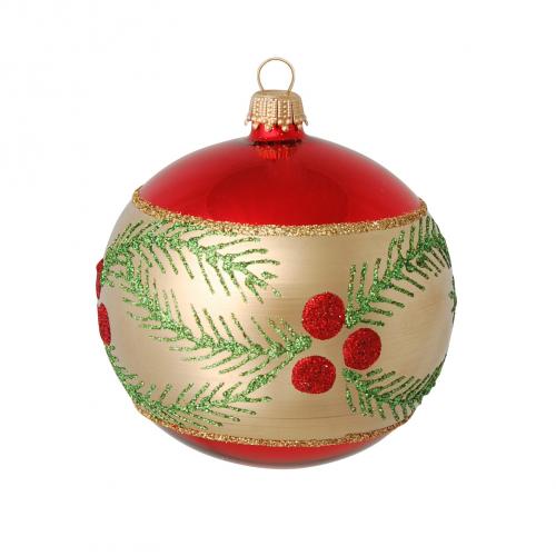 Rot glanz/Gold matt 8cm Glaskugel mundgeblasen und weihnachtlich handdekoriert (6 Stück)