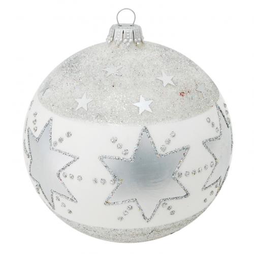 Weiß/Silber 10cm Glaskugel mundgeblasen und handdekoriert mit großen Sternen (4 Stück)