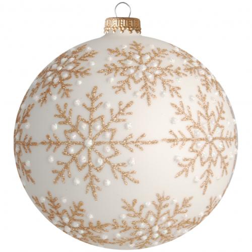 Weiß matt 10cm Glaskugel mundgeblasen und handdekoriert mit goldenen Schneeflocken (4 Stück)