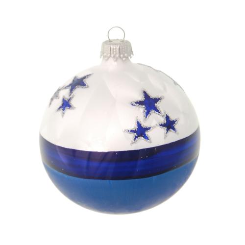 Eislack weiß/blau 8cm Glaskugel mundgeblasen und handdekoriert mit blauen Sternen (6 Stück)