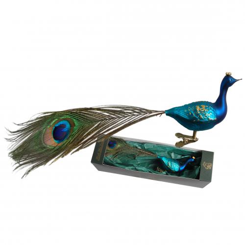Blau/silber Pfau aus Glas auf Clip mit 28cm langer Naturfeder mundgeblasen, handdekoriert