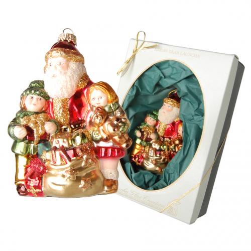 Rot/Gold/Grün 12cm Weihnachtsmann mit Sack und Kindern, Glasornament, mundgeblasen und handdekoriert