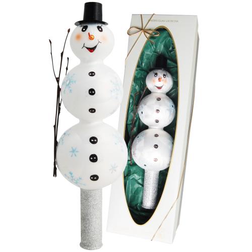 Eislack weiß 27cm große Schneemannspitze mit Zweig und Zylinder, Glasornament, mundgeblasen und handdekoriert