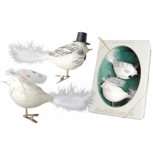 Weiß 15cm Vogel Brautpaar auf Clip mit 5cm echtem Ferderschwanz, Glasornamente, mundgeblasen und handdekoriert