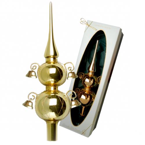 Gold glanz 29cm Doppelspitze umsponnen mit 4 Glöckchen, Glasornament, mundgeblasen und handdekoriert