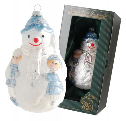 Weiß/Blau 12cm Schneemann mit Kindern, Glasornament, mundgeblasen, handbemalt (1)
