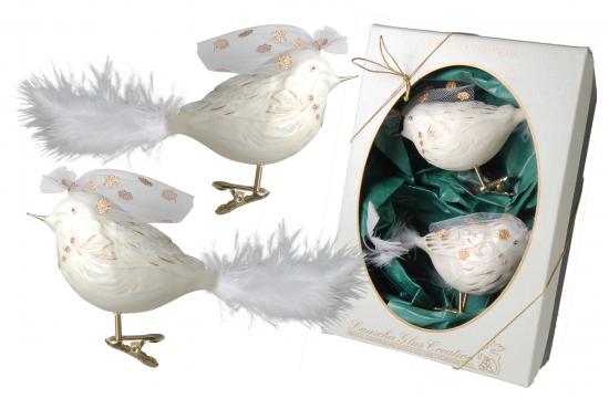 Weiß 13cm Vogelbraut aus Glas auf Clip, mit 6cm Federschwanz, mundgeblasen und handdekoriert (2)