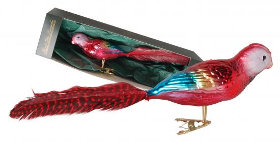 Fantasiefarbig rot dekorierter 11cm Papagei aus Glas auf Clip mit 6cm Federschwanz mundgeblasen und aufwendig handdekoriert