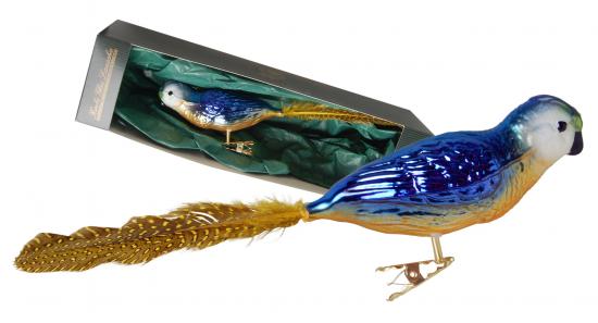 Fantasiefarbig blau dekorierter 11cm Papagei aus Glas auf Clip mit 6cm Federschwanz mundgeblasen und aufwendig handdekoriert
