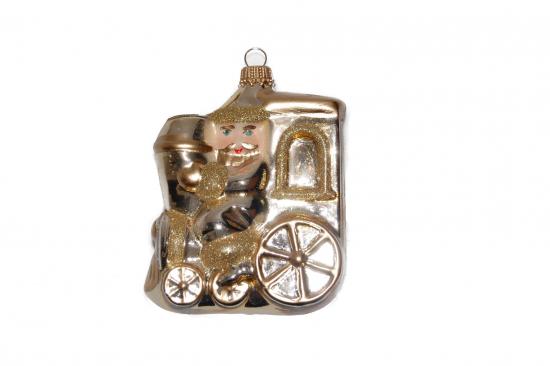 Gold 9cm Weihnachtsmann auf der Lokomotive, mundgeblasenes Glas, handdekoriert (1)
