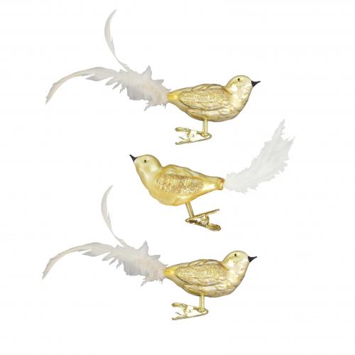Gold glanz/Satingold 11cm Glasvögel auf Clip mundgeblasen, handekoriert mit 5cm Federschwanz