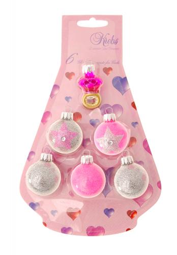 Pink/Silber Ring und 5 Kugeln 4cm aus Glas mit Glitterfinish, handdekoriert  (6)
