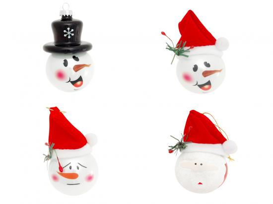 Porzellanweiß 6cm Glaskugel mit Schneemann- und Santa-Deko mit Hüten, handdekoriert (4)